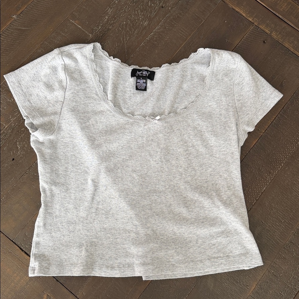 Just Polly Top Womens L Grey Crop Baby Tee  Bow‎ Eyelet Y2K Coquette Flirty